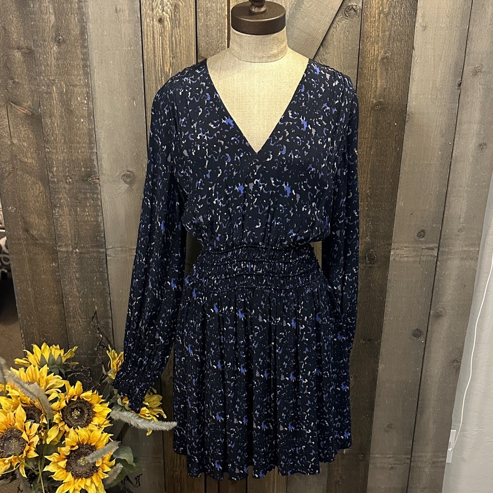 Rails Delaney Smocked Waist Long Sleeve Mini Dress Cobalt Static Size Medium